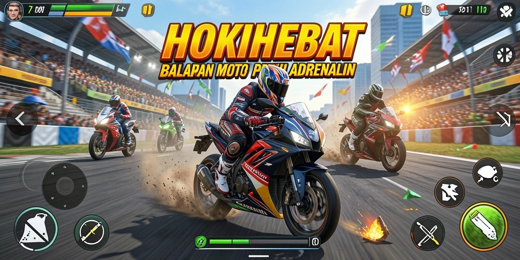 Tampilan gameplay HOKIHEBAT dengan aksi balapan motor yang seru.