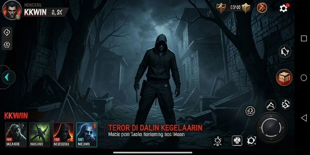 Screenshot gameplay KKWIN menunjukkan suasana Horror yang menegangkan.
